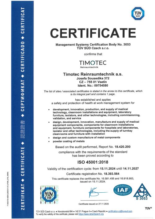 Timotec Reinraumtechnik a.s. _ ISO 45001:2018
