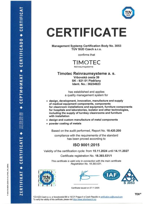 Timotec Reinraumsysteme a.s. _ ISO 9001:2015
