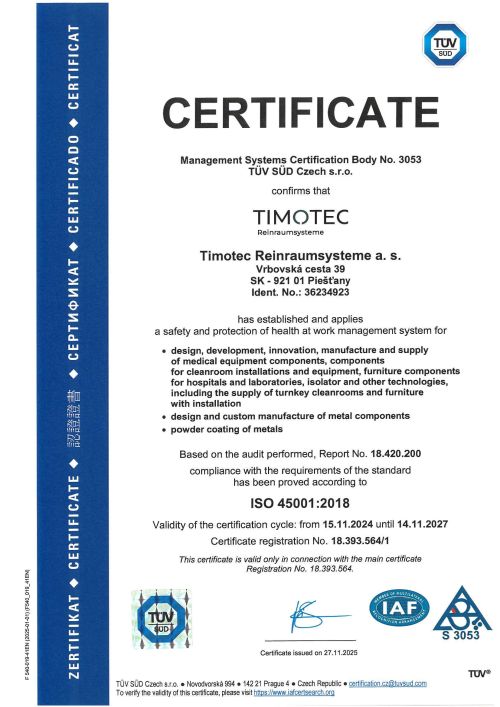 Timotech Reinraumsysteme a.s. _ ISO 45001:2018